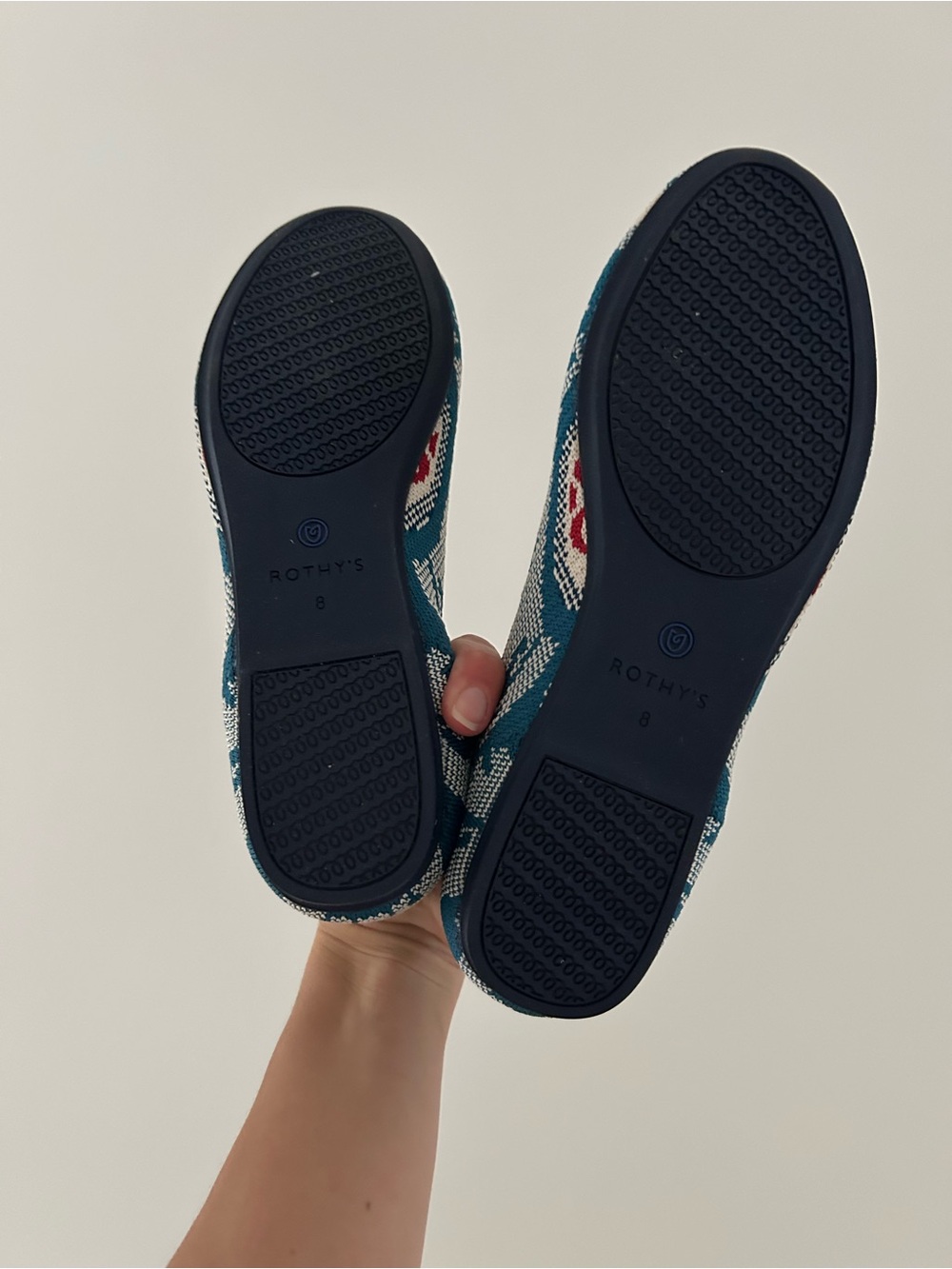 Rothy's Teal and White Patterned Slip-On Flats with Red Medallion - Picture 4 of 5
